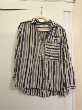 We the free Striped Button-Neck 3/4 Sleeve Oversized Shirt - Blue & White